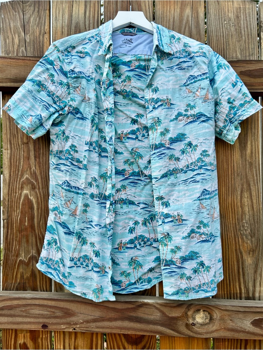 Izod Saltwater Shirt Blue Hawaiian Palm Print Short Sleeve Cotton Button Down